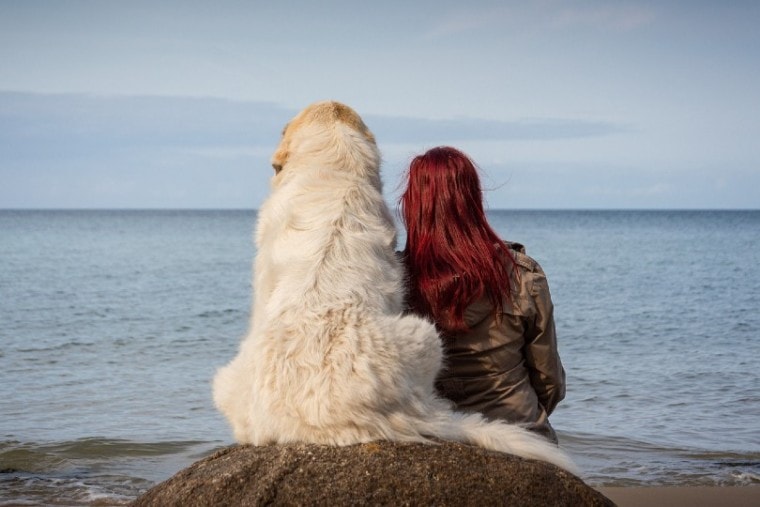 女人和她的宠物狗在海滩上